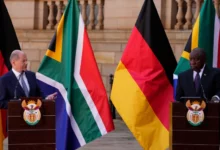 • German Chancellor, Olaf Scholz, left, speaks during a joint press conference with South African President, Cyril Ramaphosa, at the Union Building in Pretoria, South Africa on Tuesday.