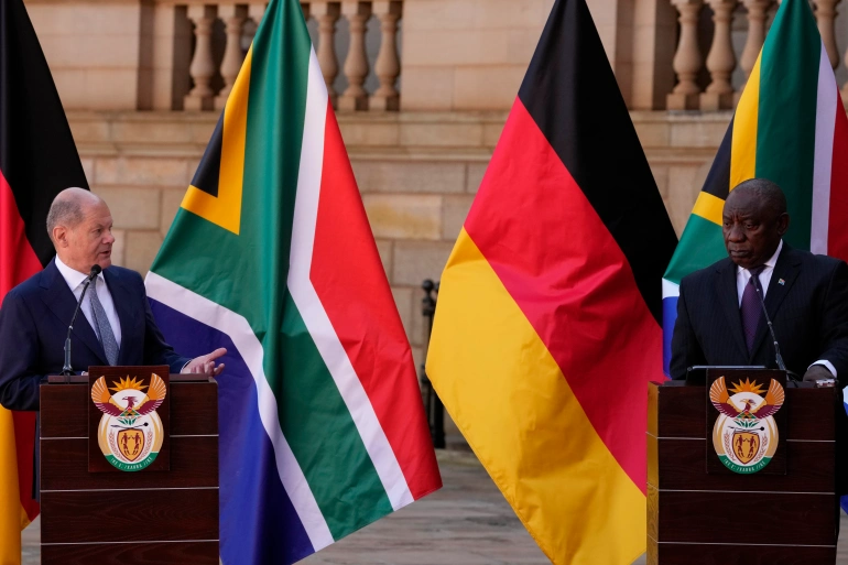 • German Chancellor, Olaf Scholz, left, speaks during a joint press conference with South African President, Cyril Ramaphosa, at the Union Building in Pretoria, South Africa on Tuesday.