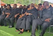 President Akufo-Addo (second from right) interacting with Former President Kufour at the funeral.With them include Dr Bawumia (in smock) and Madam Frema Opare,Chief of Staff