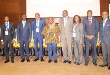 Mr Kwaku Agyeman-Manu(in smock), Prof.Stanley Okolo (fourth from left) with the ECOWAS health minister.Photo. Ebo Gorman