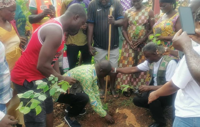 CHIEF OF JACHIE IN GREEN ATTIRE planting a tree
