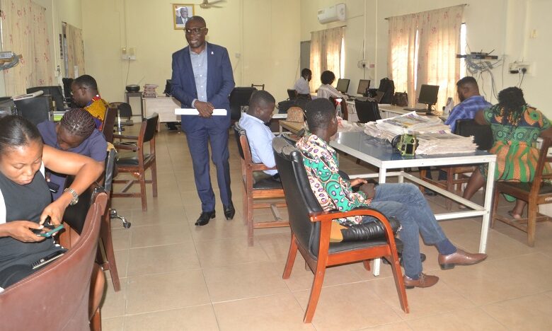 Mr Kofi Yeboah (standing) speaking at the newsroom of the NTC Photo Victor A. Buxton