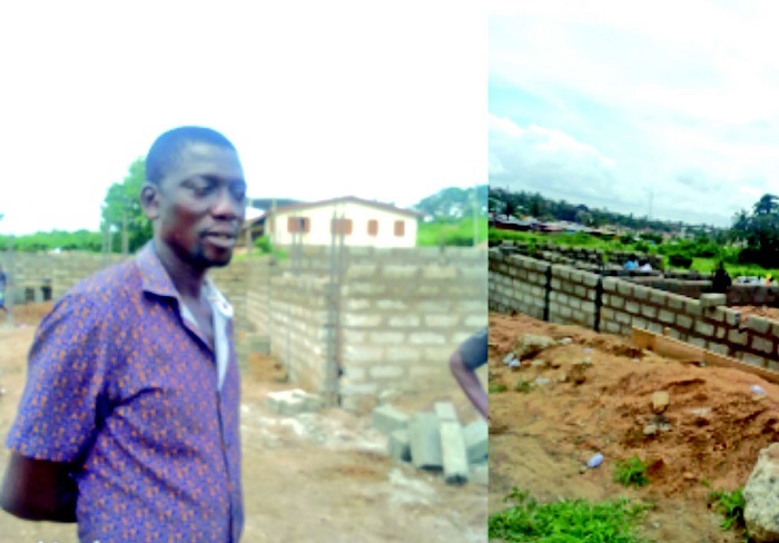 • The Field Supervisor of Gomoa Akotsi Hospital Project, Mr C .K. Kweku at the Project site with field workers working