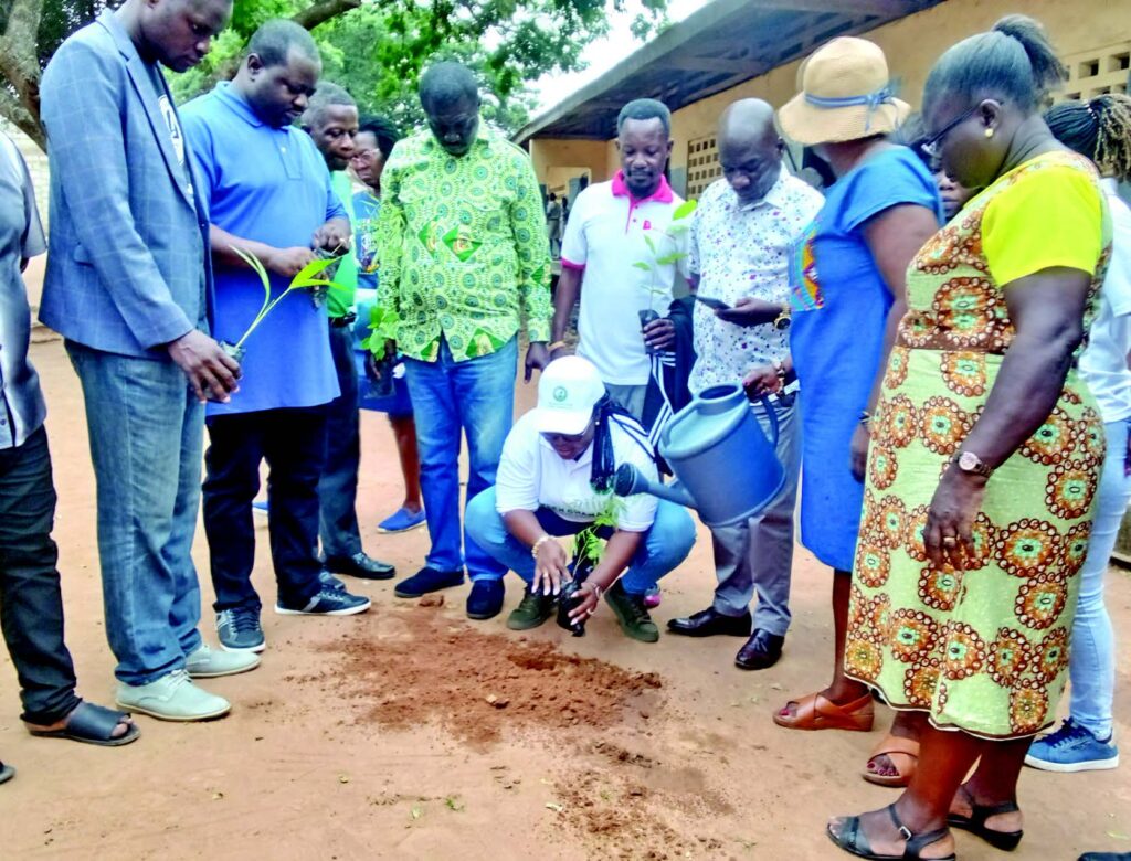 MrsAdjabeng planting a tree at the Madina One Cluster of Schools