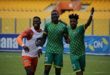 • Samuel Ofori (middle) is joined by teammates to celebrate his goal