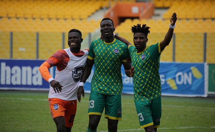 • Samuel Ofori (middle) is joined by teammates to celebrate his goal