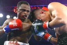 • Isaac Dogboe (left) connects to the body of Joet Gonzlez in their eliminator