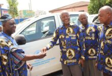• Inset: Mr Seth Sesi Ametefe (third from right) presenting the keys to the vehicle to Chief Issah Yahaya,Northen Regional Chairman, SSNIT Pensioners. Photo: Ebo Gorman
