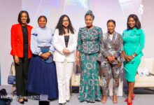 Her Excellency madam Bawumia (third right) in a pose with the speakers at the summit