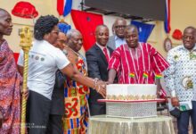 • Prof Emmanuel Obed Acquah (fourth from right) joined by Mr Zubairu Kassim (in smock) and Neenyi Ghartey VII (fourth left) to cut the ceremonial cake