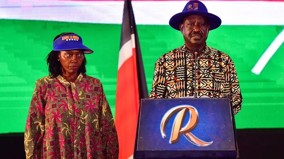 Raila Odinga, flanked by his runningmate Martha Karua, has vowed to challenge the result in court