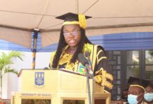 Professor Nana Aba Appiah Amfo (inset) addressing the graduands. Photo. Ebo Gorman