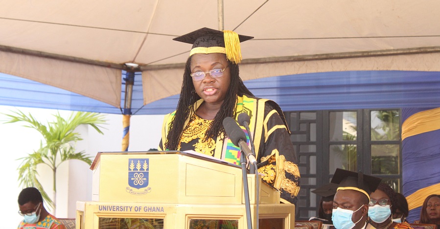 Professor Nana Aba Appiah Amfo (inset) addressing the graduands. Photo. Ebo Gorman
