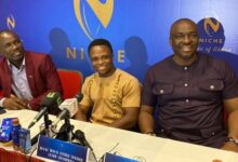 • Dogboe (centre) flanked by Prof. Twumasi (left) and Mr Kotei Neequaye during the press briefing held at African Regent Hotel last week