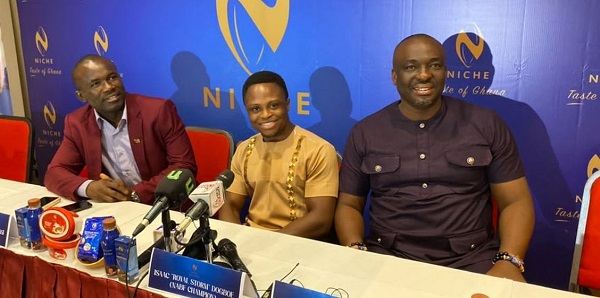 • Dogboe (centre) flanked by Prof. Twumasi (left) and Mr Kotei Neequaye during the press briefing held at African Regent Hotel last week