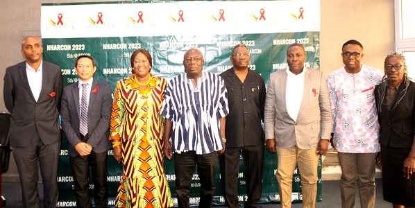 Dr Kwaku Afriyie (in smock), Dr Kyeremeh Atuahene (fourth from right) and other dignitaries after the launch of the National HIV-AIDS Research Conference Photo Ebo Gorman