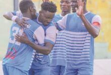 • Mezach Afriyie (left) joined by teammates to celebrate the second goal Photo: Raymond Ackumey