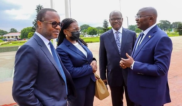 • Dr Ernest Addison, Governor of BoG (second right) with the Vice President, Dr Mahamudu Bawumia (right) and Dr Maxwell Opoku-Afari, First Deputy Governor (left) and Mrs Elsie Addo-Awadzi, Second Deputy Governor (second left) in a discussion after the programme