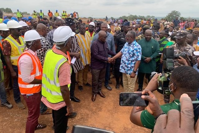 President Akufo-Addo (middle) being welcome to the site for the Kpandai Hospital