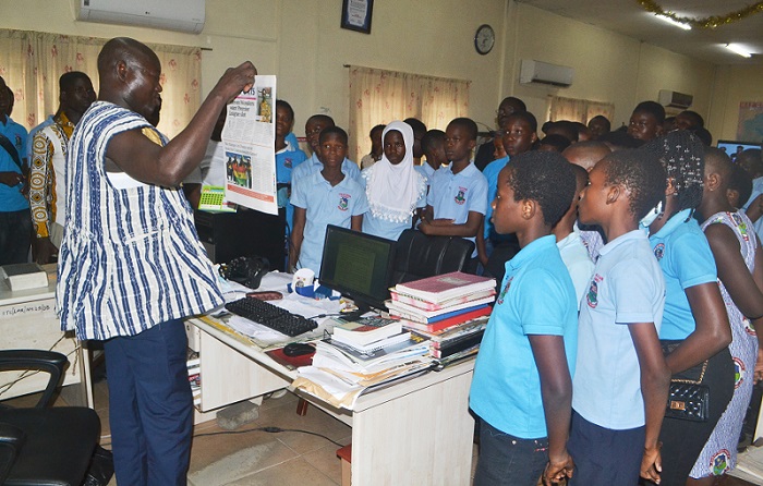 Mr Matthew Ayoo briefing the pupils at the newsroom of NTC Photo Victor A. Buxton