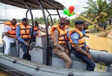 • A naval team patrolling the river Pra in the company of Samuel A. Jinapor, Minister of Lands and Natural Resources
