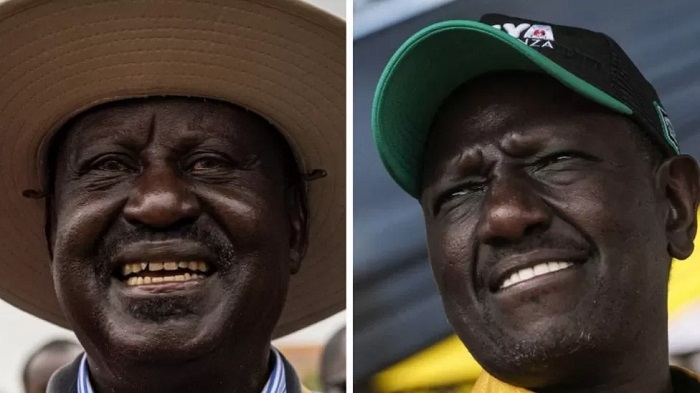 • Former Prime Minister Raila Odinga (left) is just behind Deputy President William Ruto in the count.