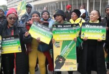 • Women's rights protesters outside the court in Johannesburg last week