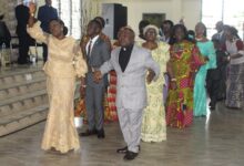 • Pastor Wayoe (right) and his wife Mrs Abigail Wayoe dancing during the farewell Service Photo Anita Nyarko-Yirenkyi