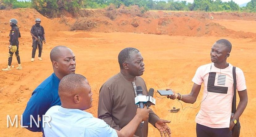 • Mr Owusu-Bio addressing the media after inspecting the land
