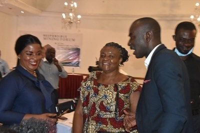 Mrs Hannah Owusu Koranteng (middle) interacting with Ms Sekyiwa Darko(left) Head Community Relations Petroleum Commission. With them is Mr Ahmed Nantogmah(right) Photo Michael Ayeh