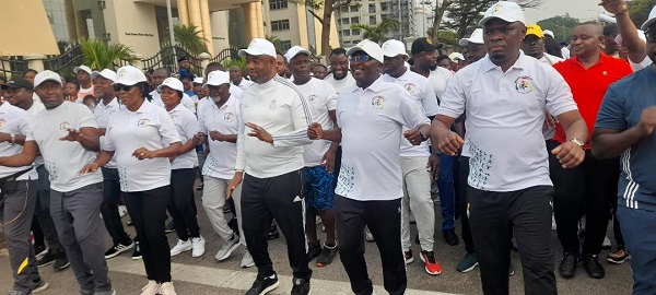 Vice President Bawumia (fifth right) and other dignitaries engaged in some aerobics after the walk
