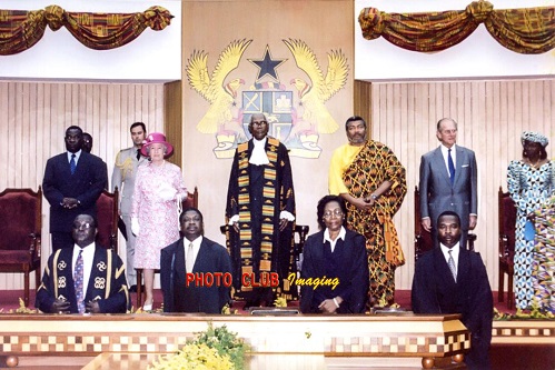 Queen Elizabeth II (second from left), Vice President Atta Mills(left), President J J Rawlings(third from right), Justice D. F. Annan(middle), former Speaker of Parliament during the Queen's visit in 1999