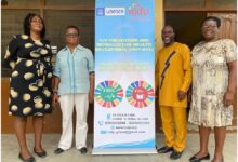 (L-R: Nana Adwoa A. Bonsu, Project Coordinator, JoyceLarnyoh, Country Director-ICDP, Rev. John Azumah, HIV Ambassador, and Nancy Akrong, Public Health Specialist)