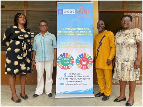 (L-R: Nana Adwoa A. Bonsu, Project Coordinator, JoyceLarnyoh, Country Director-ICDP, Rev. John Azumah, HIV Ambassador, and Nancy Akrong, Public Health Specialist)