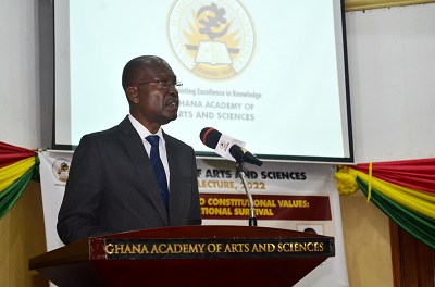 Prof Kofi Quashigah (inset) addressing the participants at the lecture. Photo. Vincent Dzatse