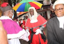 Chief Justice Anin Yeboah (second from right) leading the Judges to exchange greetings with the clergy after the church service. Photo. Ebo Gorman