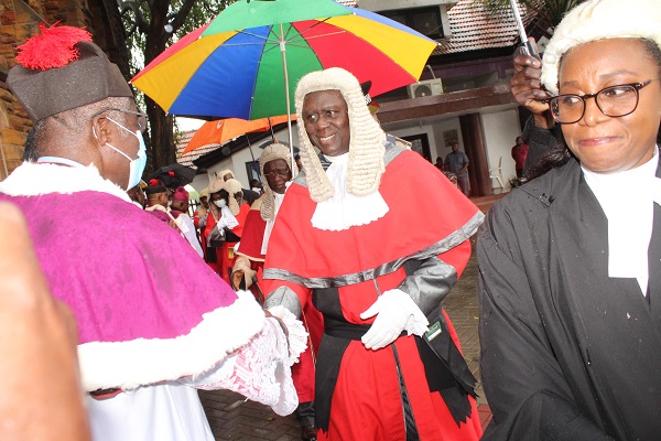 Chief Justice Anin Yeboah (second from right) leading the Judges to exchange greetings with the clergy after the church service. Photo. Ebo Gorman