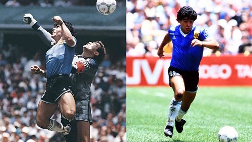 The legendary Maradona in action (right). On the left is when the 'Hand of God' does the trick