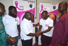 Mr. Ibrahim Oppong Kwarteng (second from right) thanking Mr Stephen Ofosu Agyare after he launched the project. Photo. Vincent Dzatse