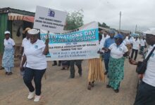 Some older persons parading through the streets of Bubiashie to mark the day. Photo Godwin Ofosu-Acheampong...
