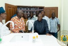 President Akufo-Addo (second from right) admiring some facilities in the school