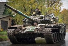 A Ukrainian tank advances in Bakhmut