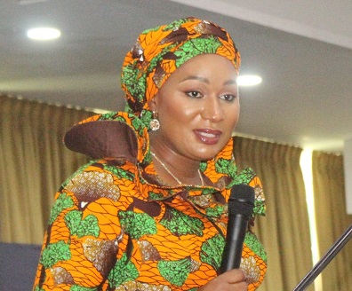 Mrs Samira Bawumia (inset) addressing participants at the conference. Photo. Ebo Gorman