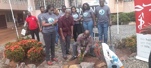Prof. Mireku (squatting) with support from Dr Hazel Amuah (left) planting a tree to launch the association.