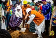 Dr Farouk Aliu Mahama (in helmet), Morocco Ambassador to Ghana, Imane Quaadil and other dignitaries cutting sod for the project to start