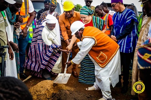 Dr Farouk Aliu Mahama (in helmet), Morocco Ambassador to Ghana, Imane Quaadil and other dignitaries cutting sod for the project to start