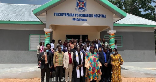 Rt Rev. Prof. Joseph Obiri Yeboa Mante (middle) and other officials in front of the newly built mental health facility