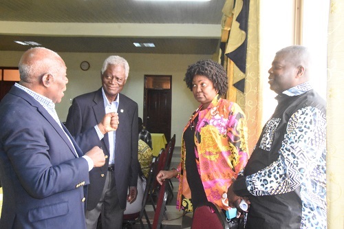 • Mr E. A. Addo (left) interacting with some of the dignitaries at the forum. They include Mr T. K. Gyau (second from left), Executive Member, GEA and Mr Alex Frimpong (right) Photo Michael Ayeh