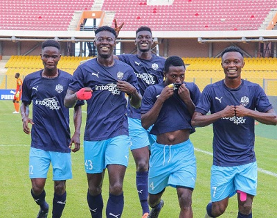 Accra Lions players celebrate Saturday's win over Nsoatreman