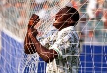 • Rashidi Yekini celebrates scoring in Nigeria’s 3-0 win over Bulgaria at the 1994 World Cup